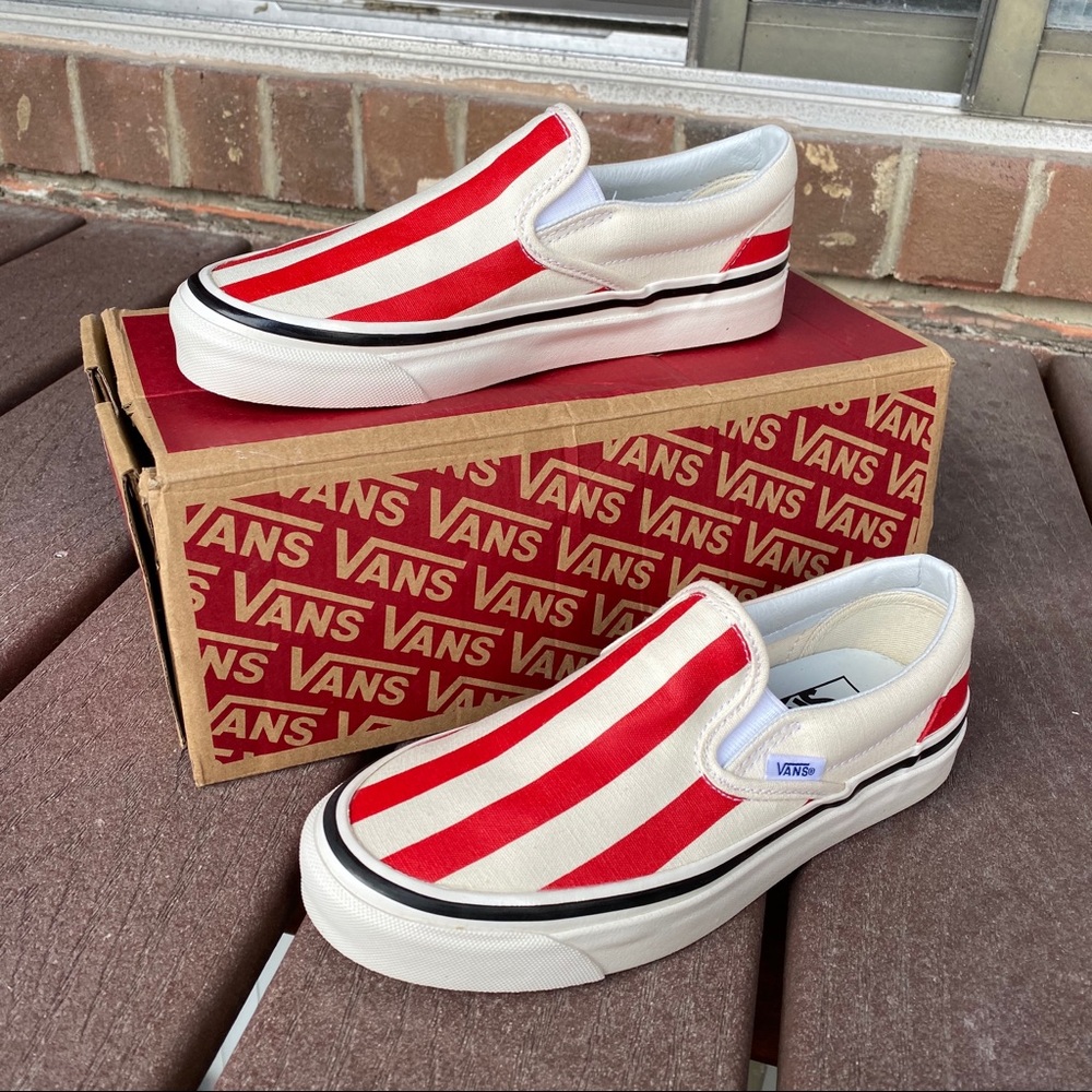 Red and White Striped Vans Slip On Shoes